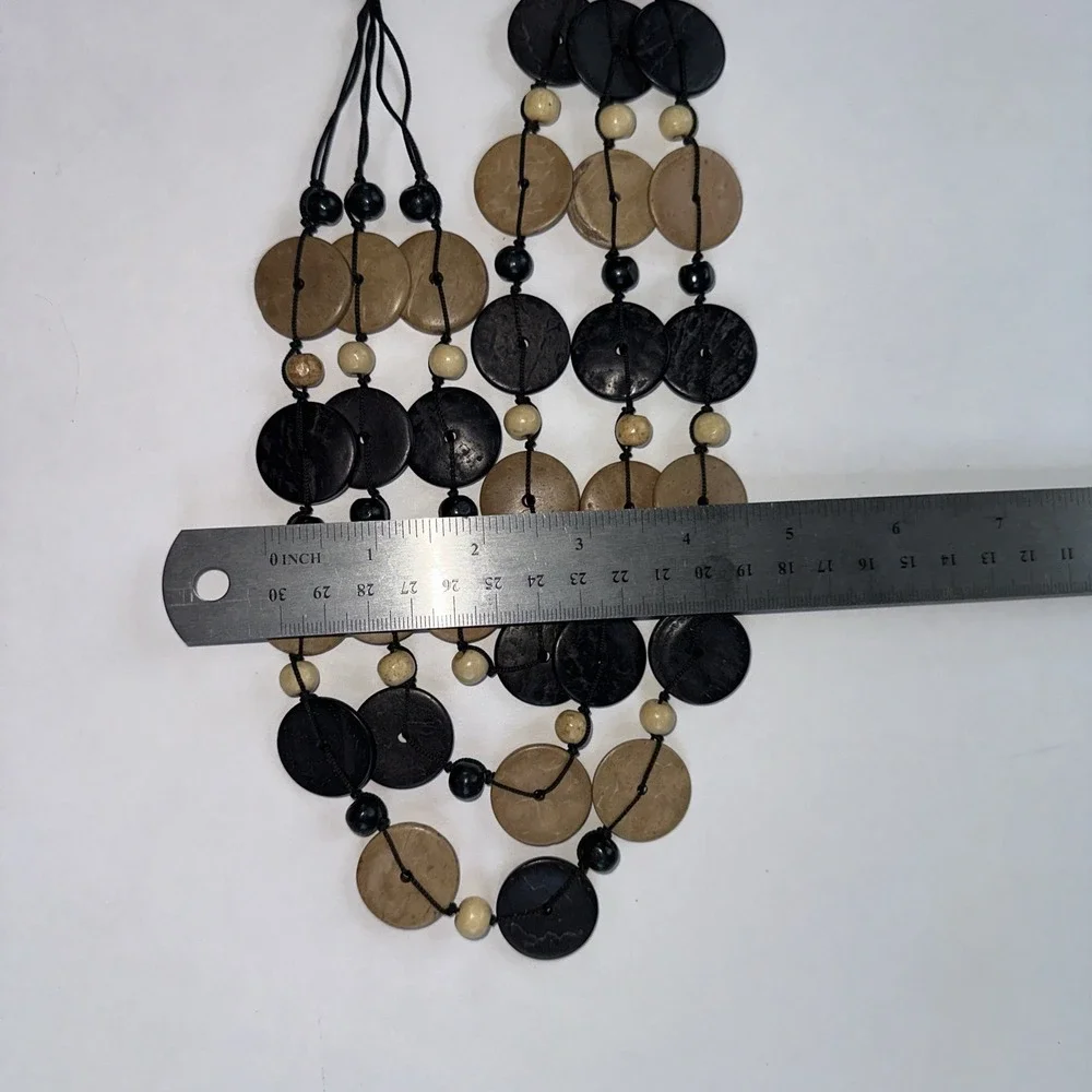 Bala Statement Necklace Women OS Black Tan NEW Wood Disc Multi-Strand Boho